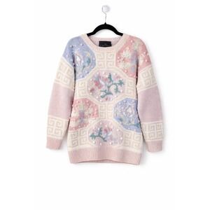 Cullinane Hand Knit Pastel Floral Sweater Women's Medium Pink Blue Textured Knit